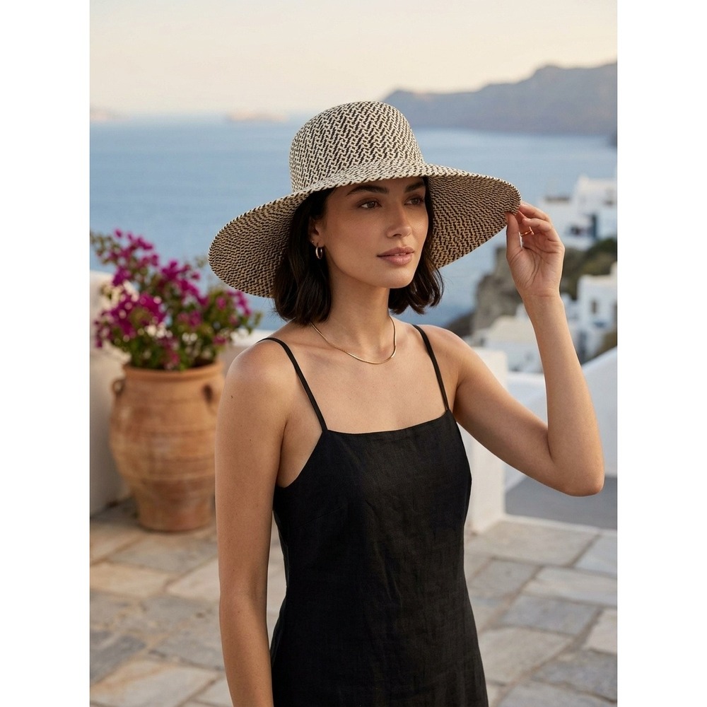 Love & Lore Women Hat Black Cream Woven Wide Brim Sun Hat Paper Straw One Size